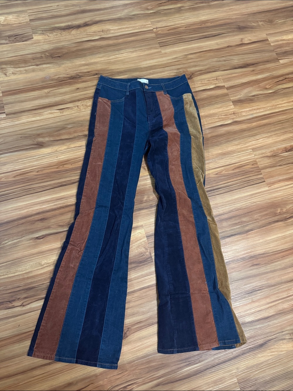 Altar'd State Striped Corduroy Flare Jeans in Navy, Brown & Tan
